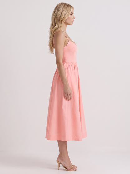 Women pink midi dress with scoop neckline and thin straps