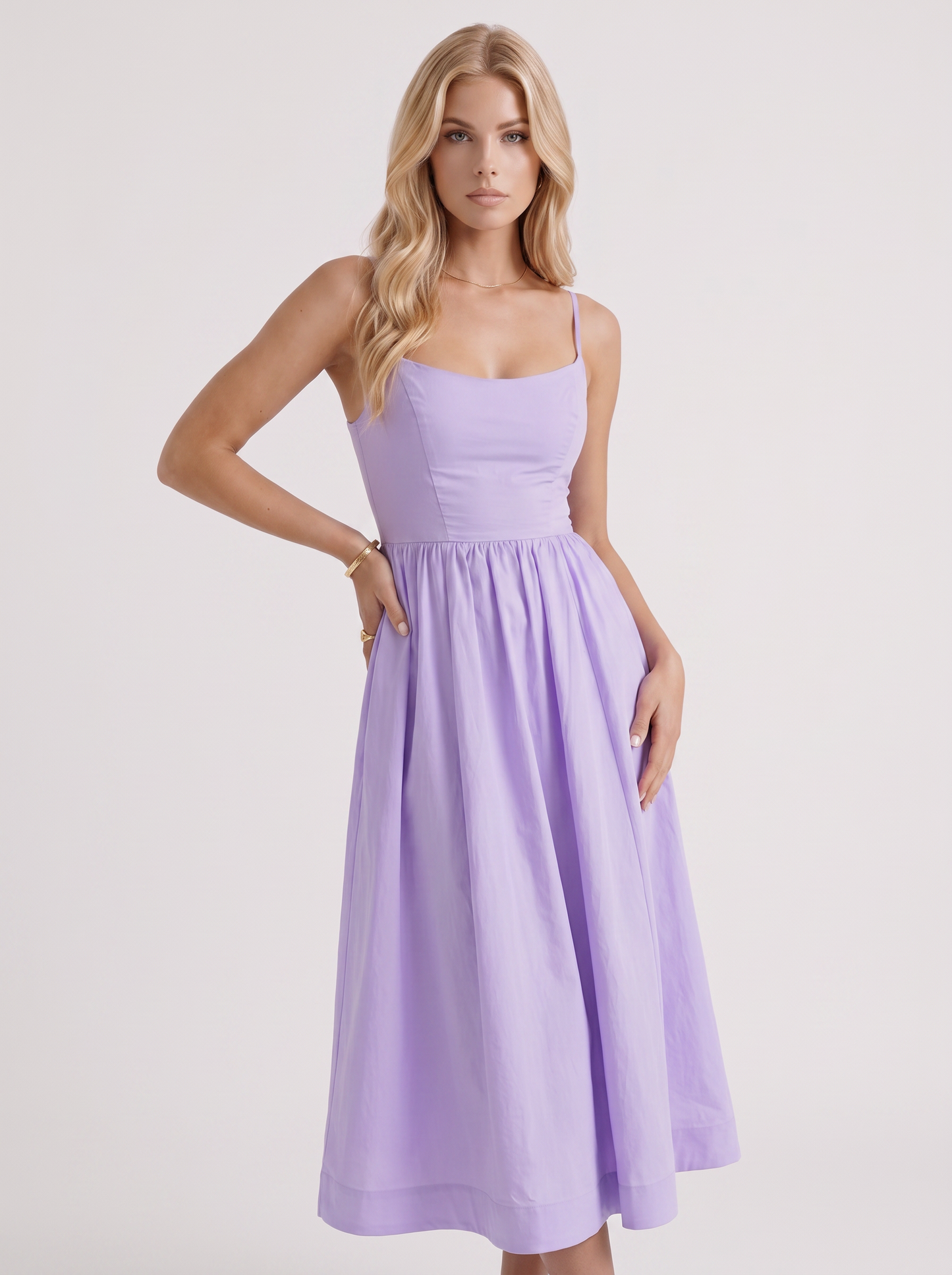Women purple midi dress with scoop neckline and thin straps