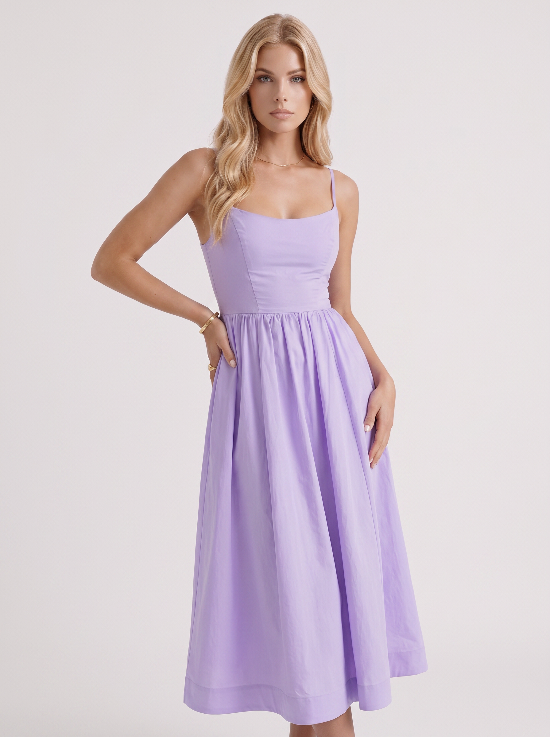Women purple midi dress with scoop neckline and thin straps