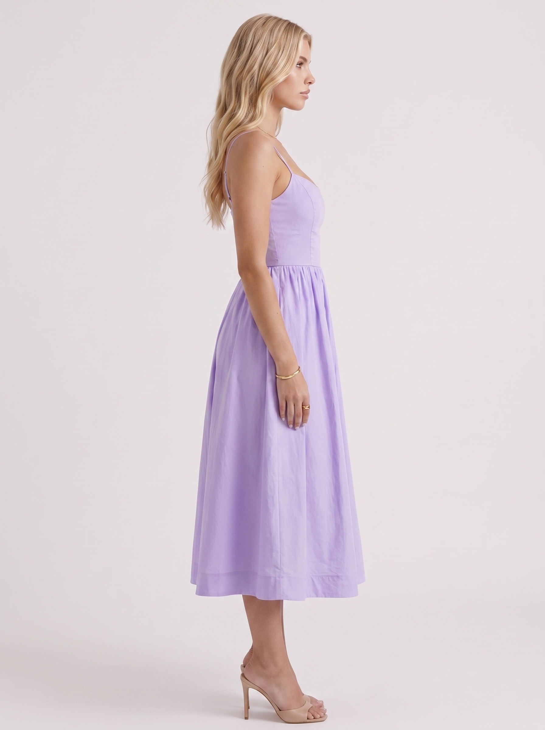 Women purple midi dress with scoop neckline and thin straps