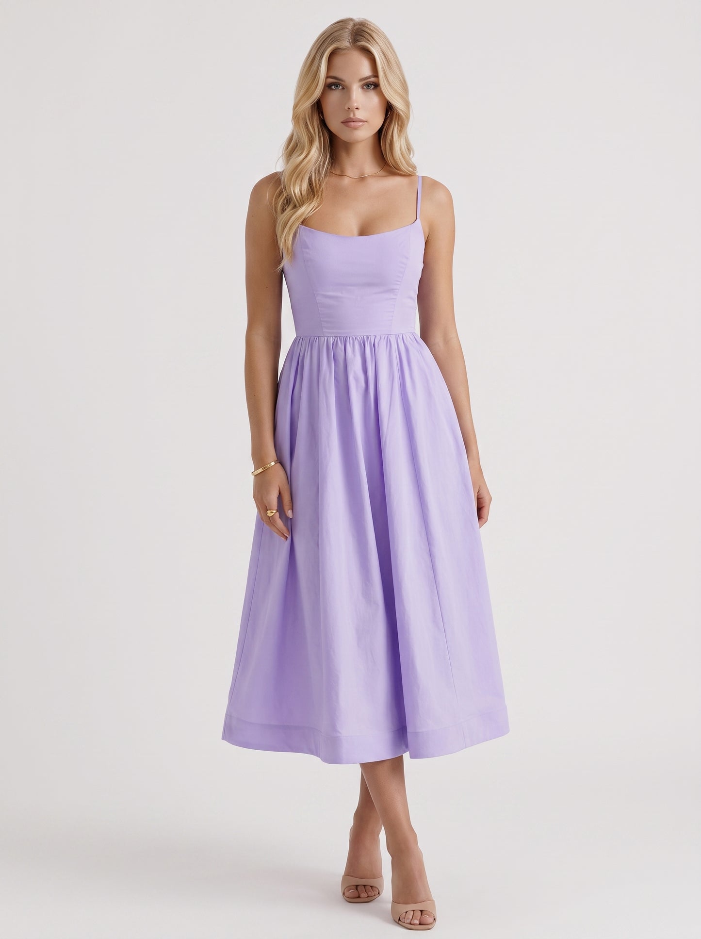 Women purple midi dress with scoop neckline and thin straps