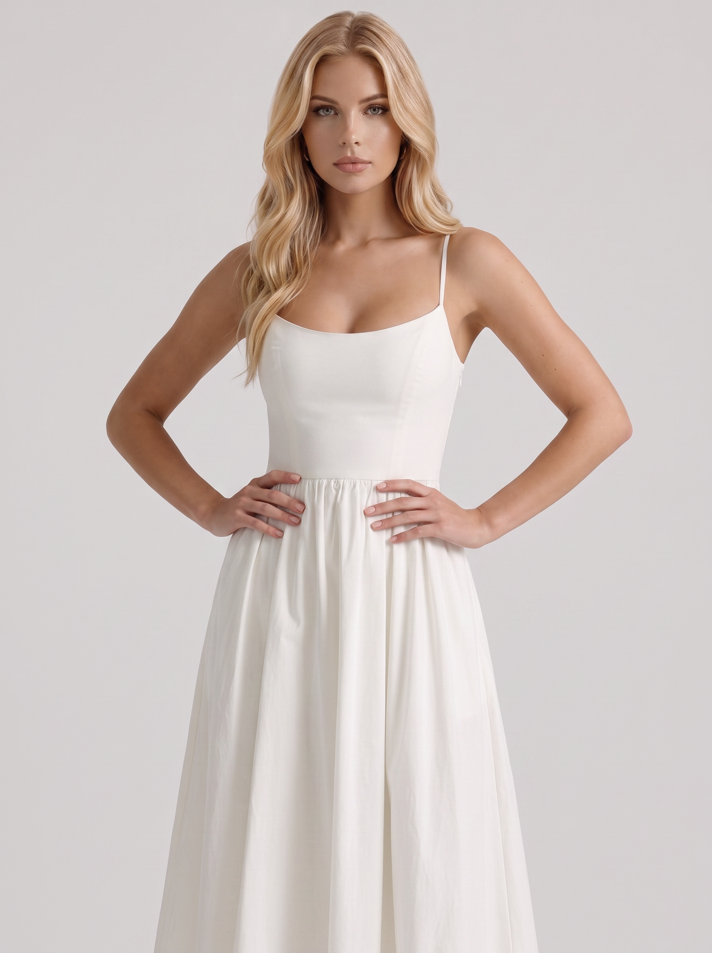 Women white midi dress with scoop neckline and thin straps