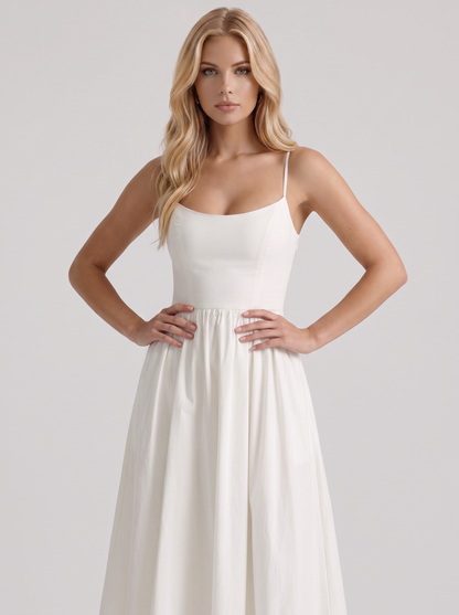 Women white midi dress with scoop neckline and thin straps