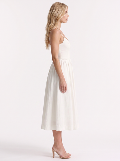 Women white midi dress with scoop neckline and thin straps