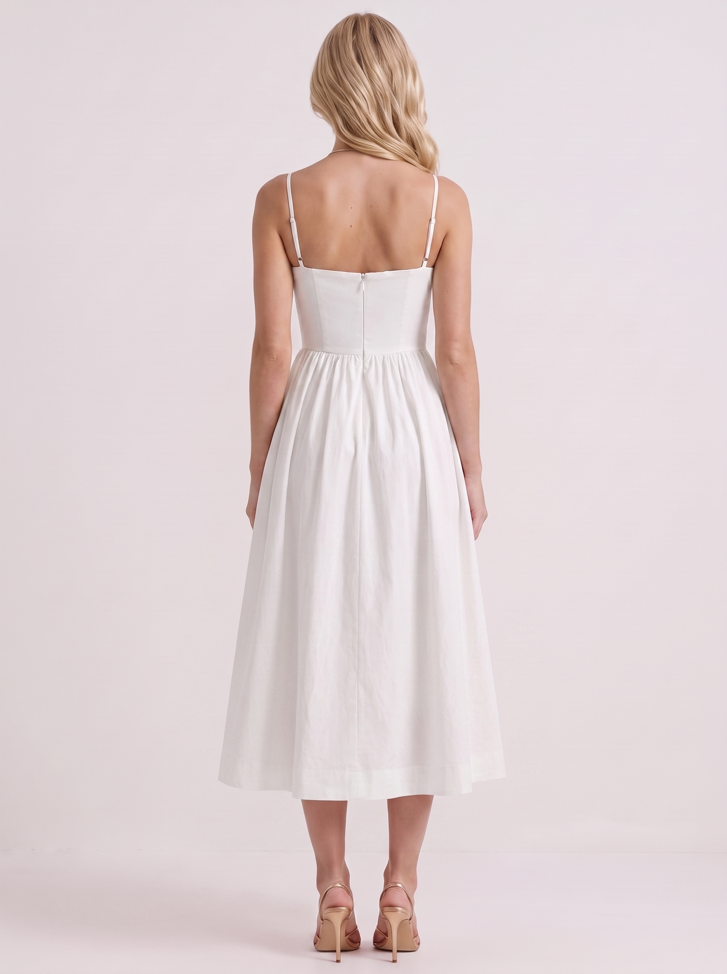 Women white midi dress with scoop neckline and thin straps