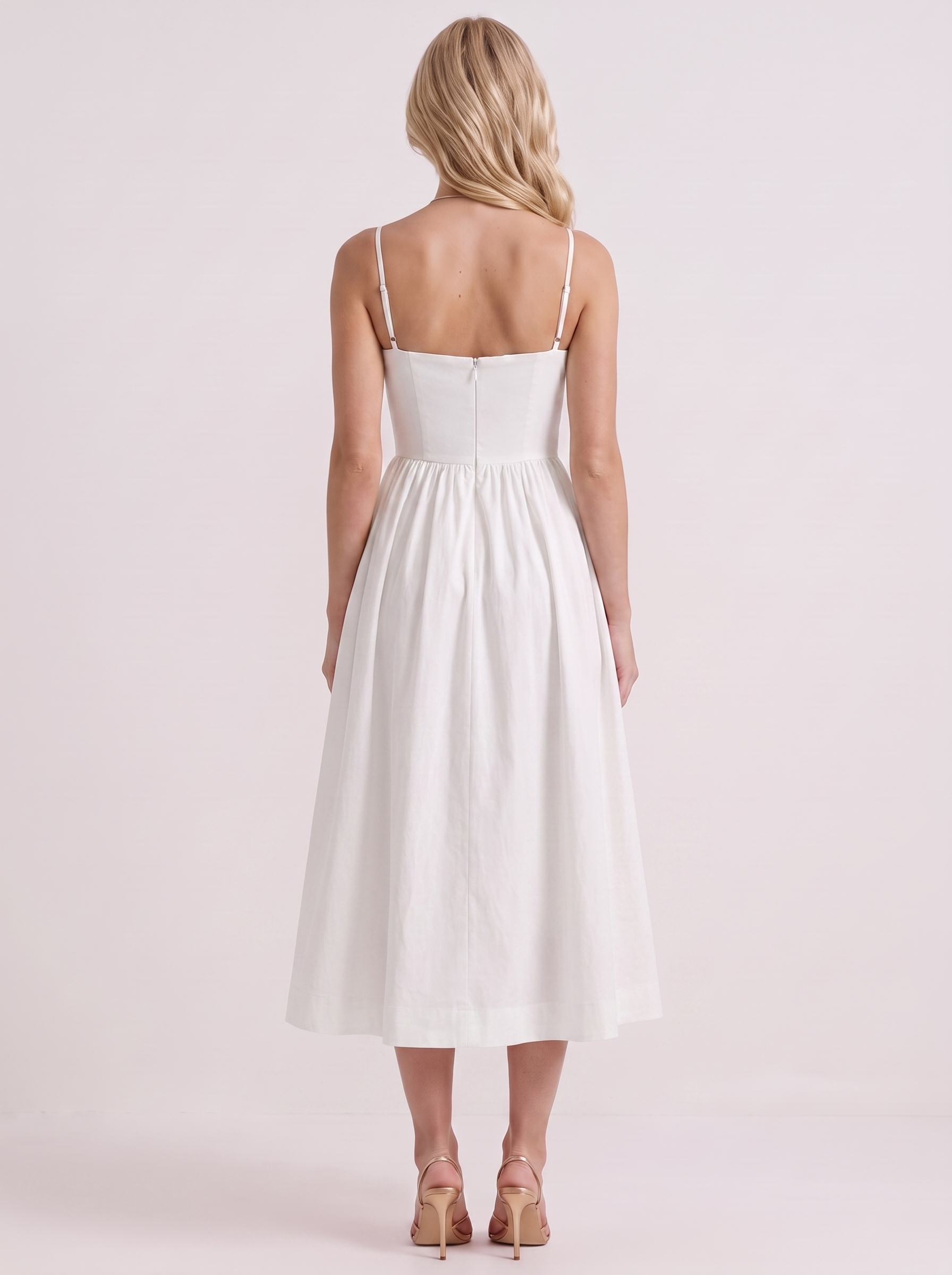 Women white midi dress with scoop neckline and thin straps