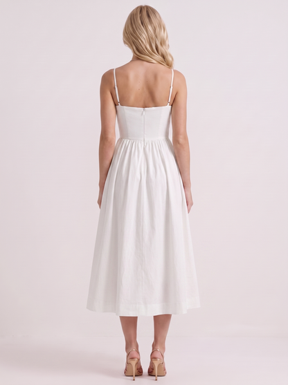 Women white midi dress with scoop neckline and thin straps