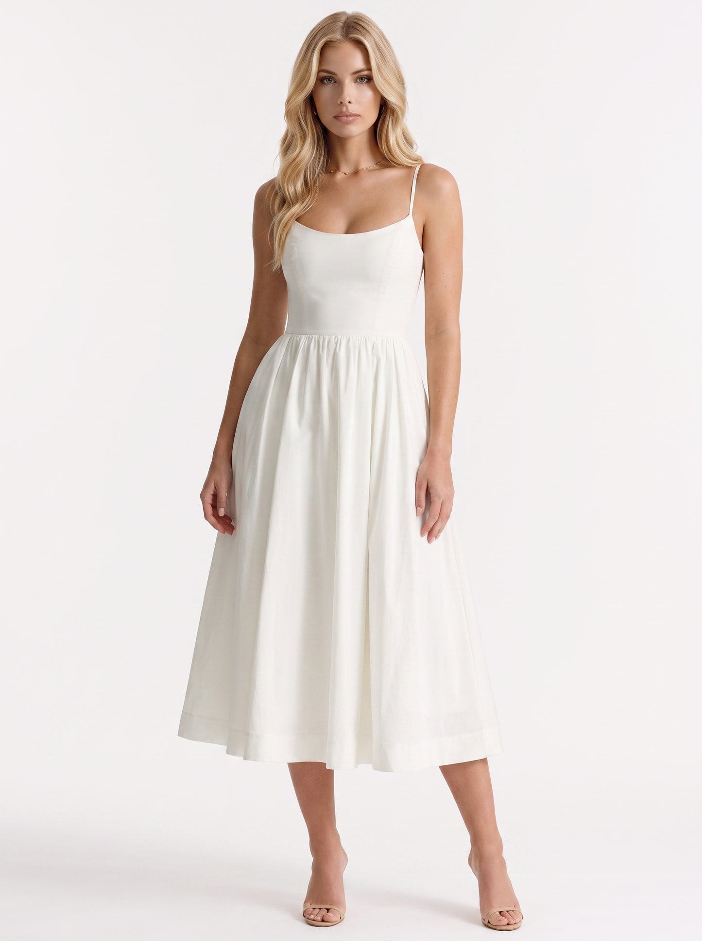 Women white midi dress with scoop neckline and thin straps