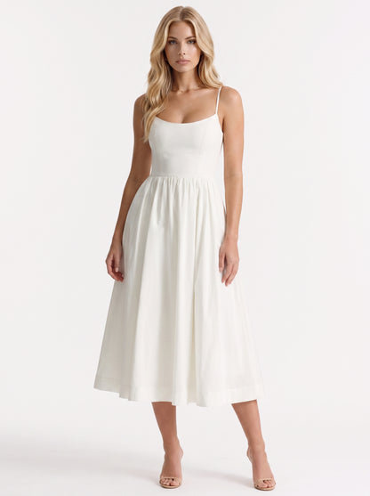 Women white midi dress with scoop neckline and thin straps