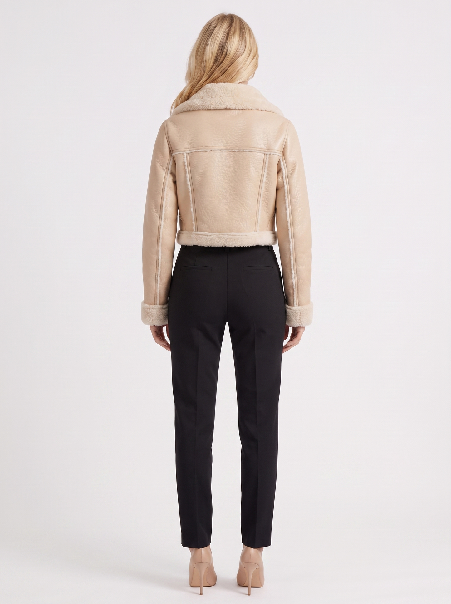 Women's beige aviator jacket with fleece collar and cropped length