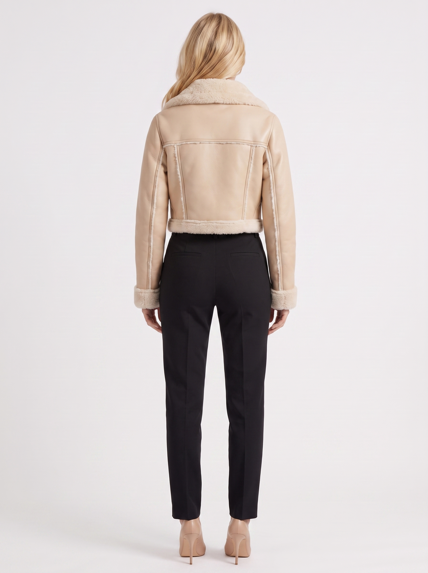 Women's beige aviator jacket with fleece collar and cropped length