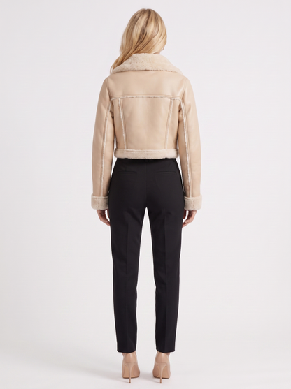 Women's beige aviator jacket with fleece collar and cropped length
