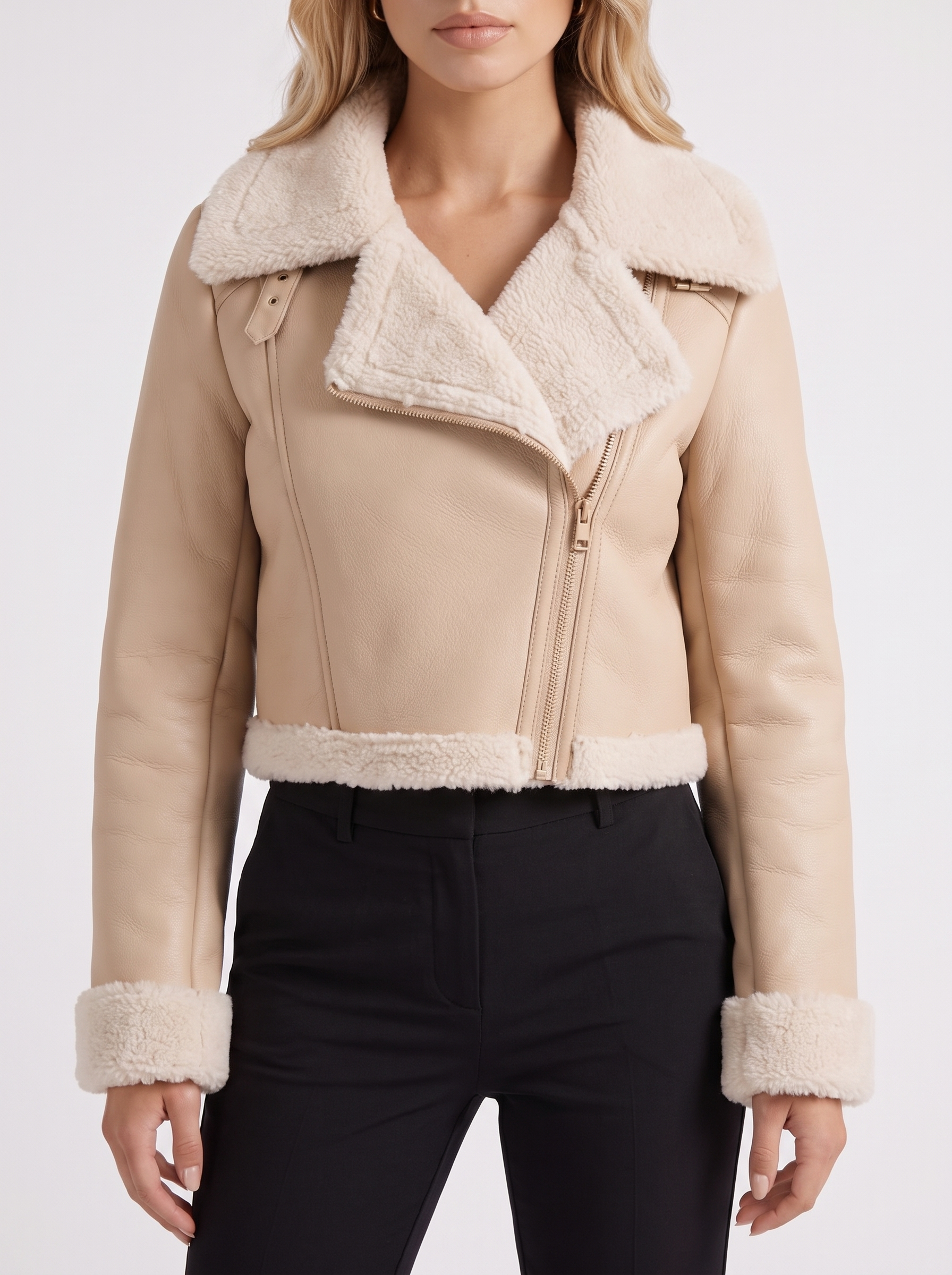 Women's beige aviator jacket with fleece collar and cropped length