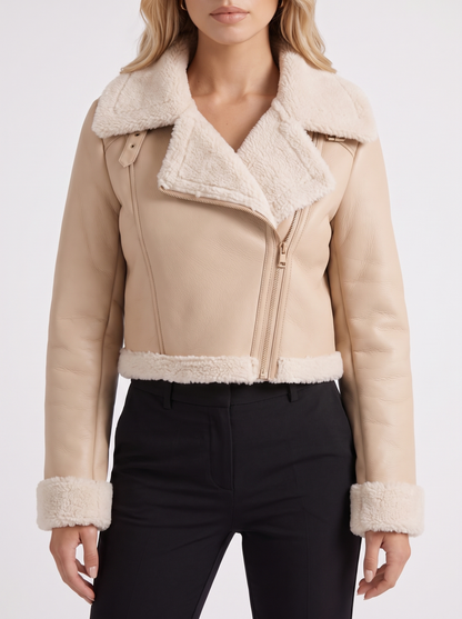Women's beige aviator jacket with fleece collar and cropped length