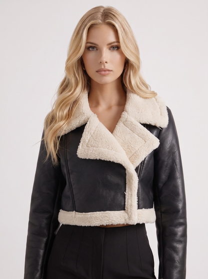 Women's black aviator jacket with fleece collar and cropped length
