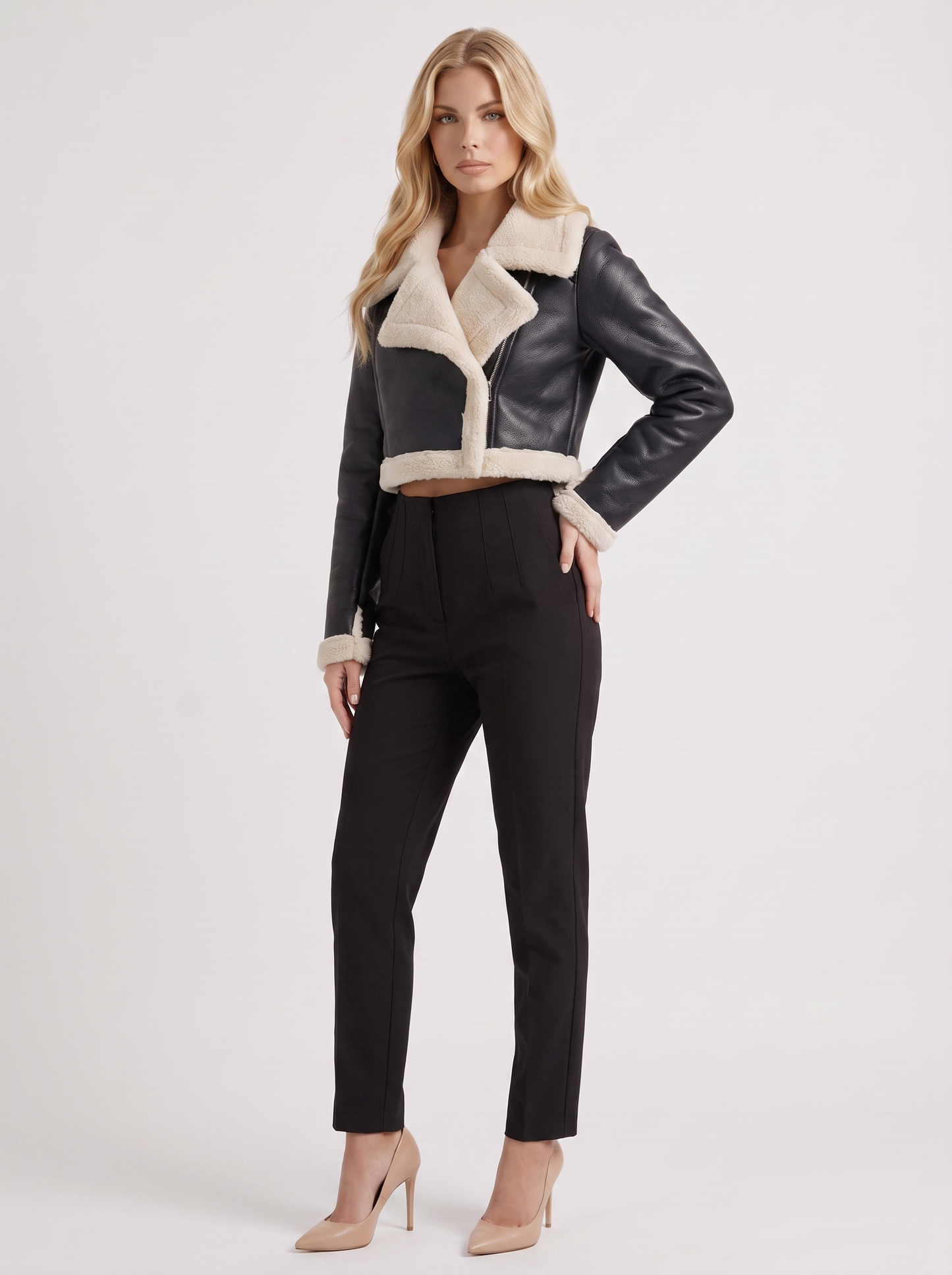Women's black aviator jacket with fleece collar and cropped length