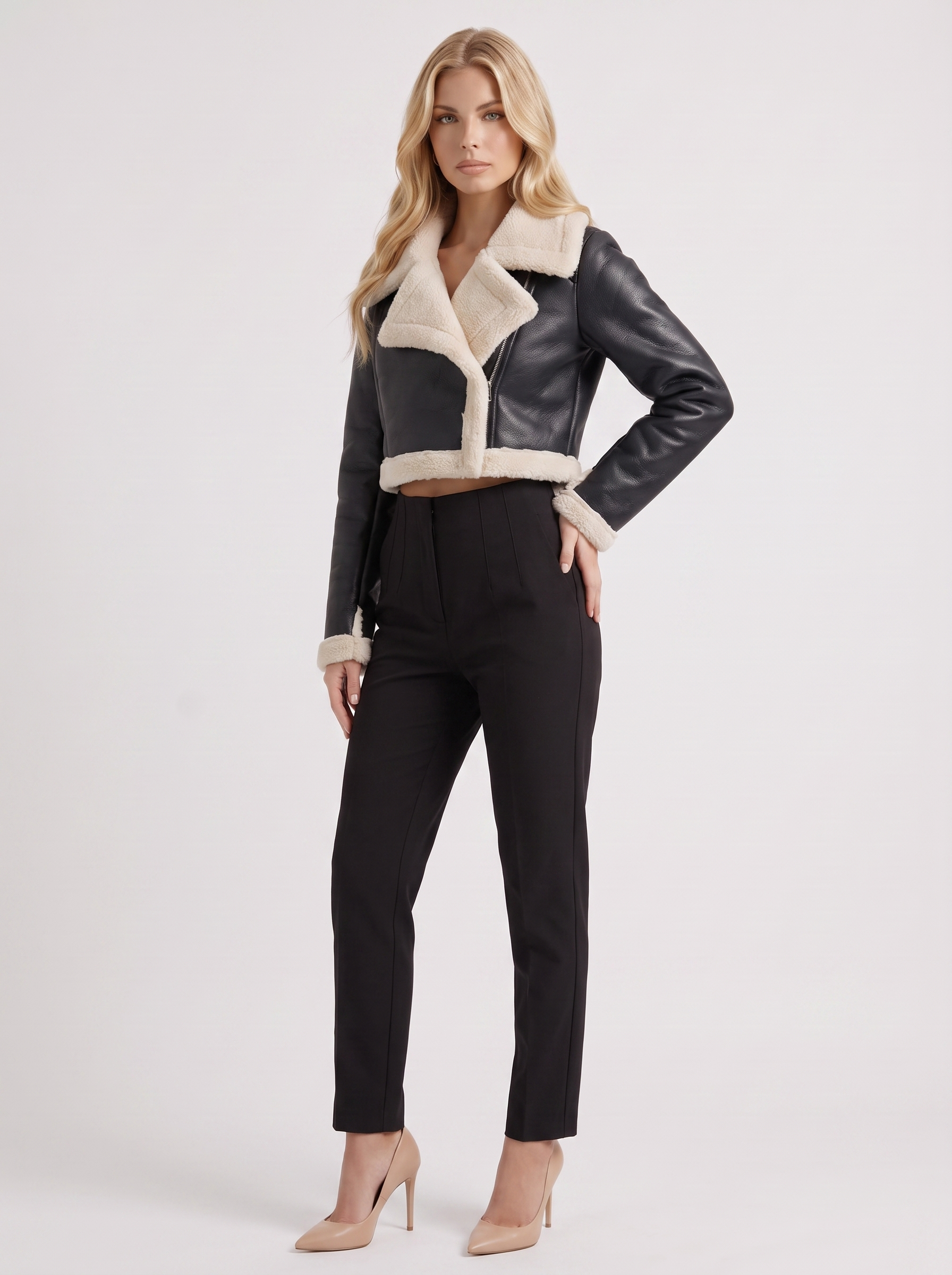 Women's black aviator jacket with fleece collar and cropped length