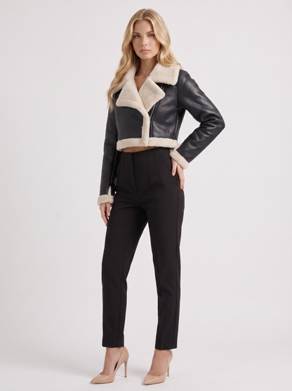 Women's black aviator jacket with fleece collar and cropped length