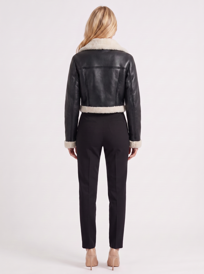 Women's black aviator jacket with fleece collar and cropped length
