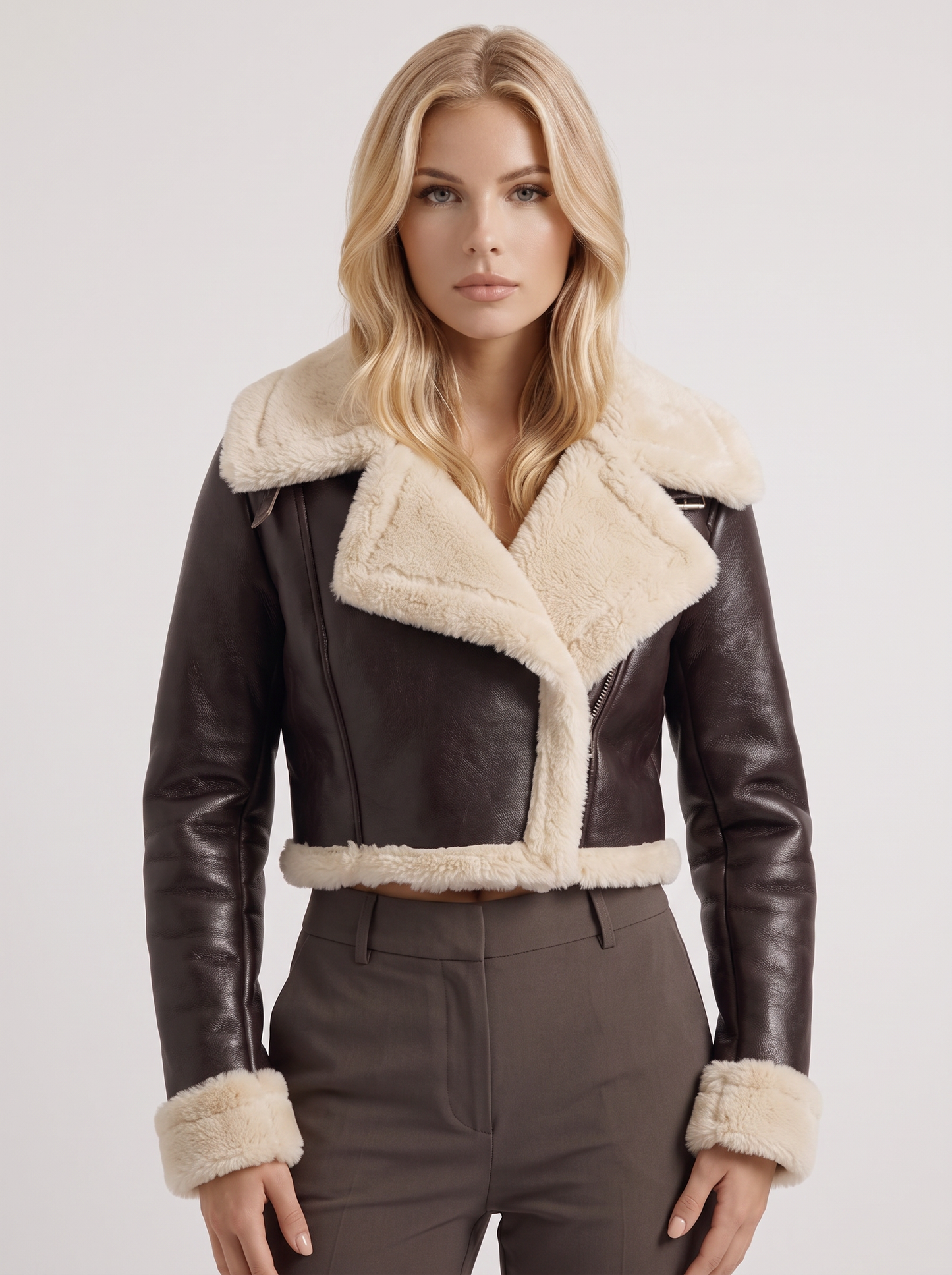 Women's brown aviator jacket with fleece collar and cropped length