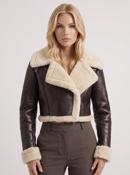 Women's brown aviator jacket with fleece collar and cropped length