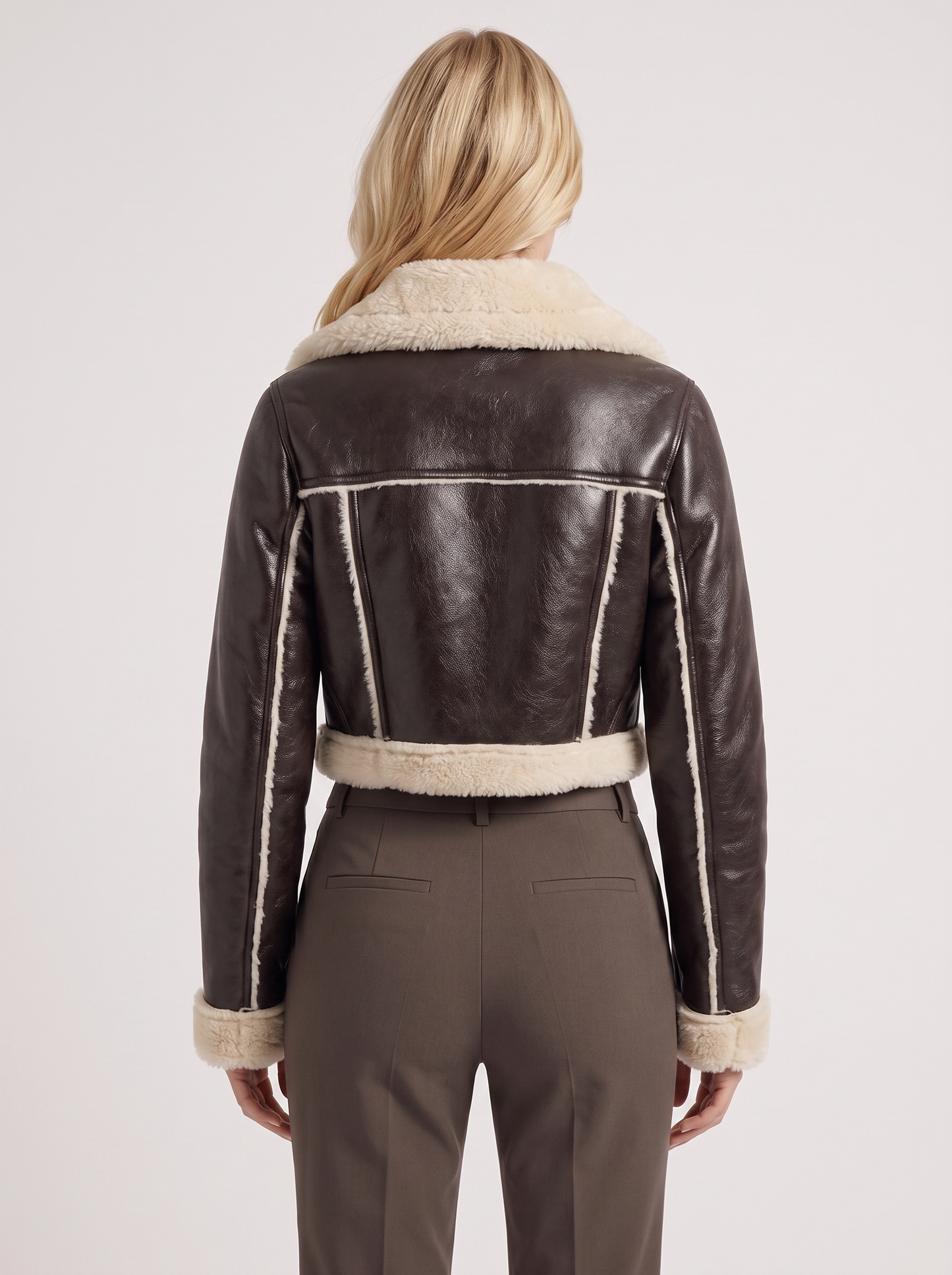 Women's brown aviator jacket with fleece collar and cropped length