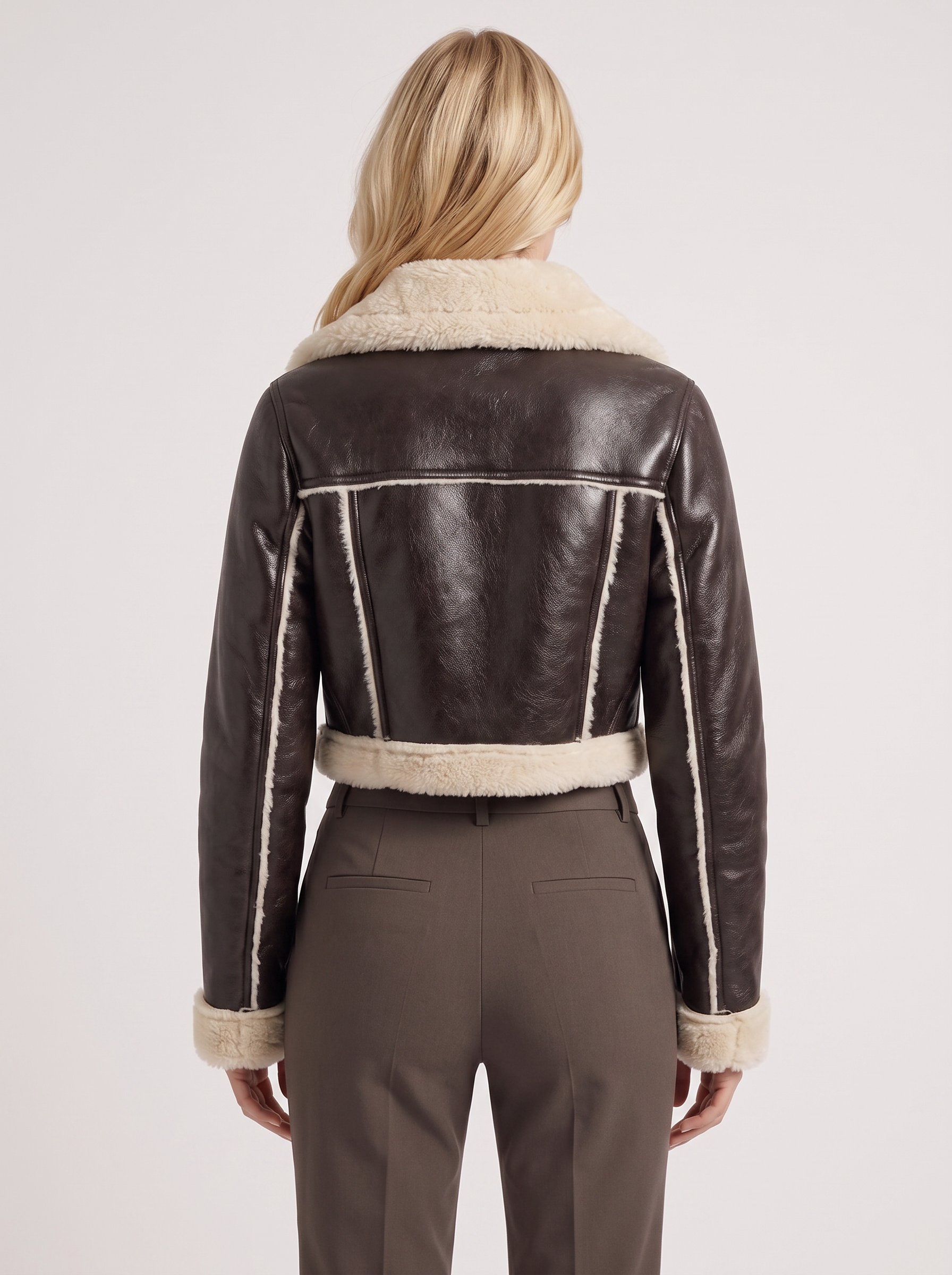 Women's brown aviator jacket with fleece collar and cropped length