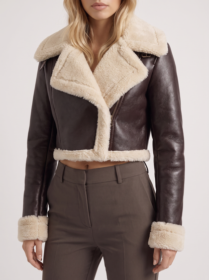 Women's brown aviator jacket with fleece collar and cropped length