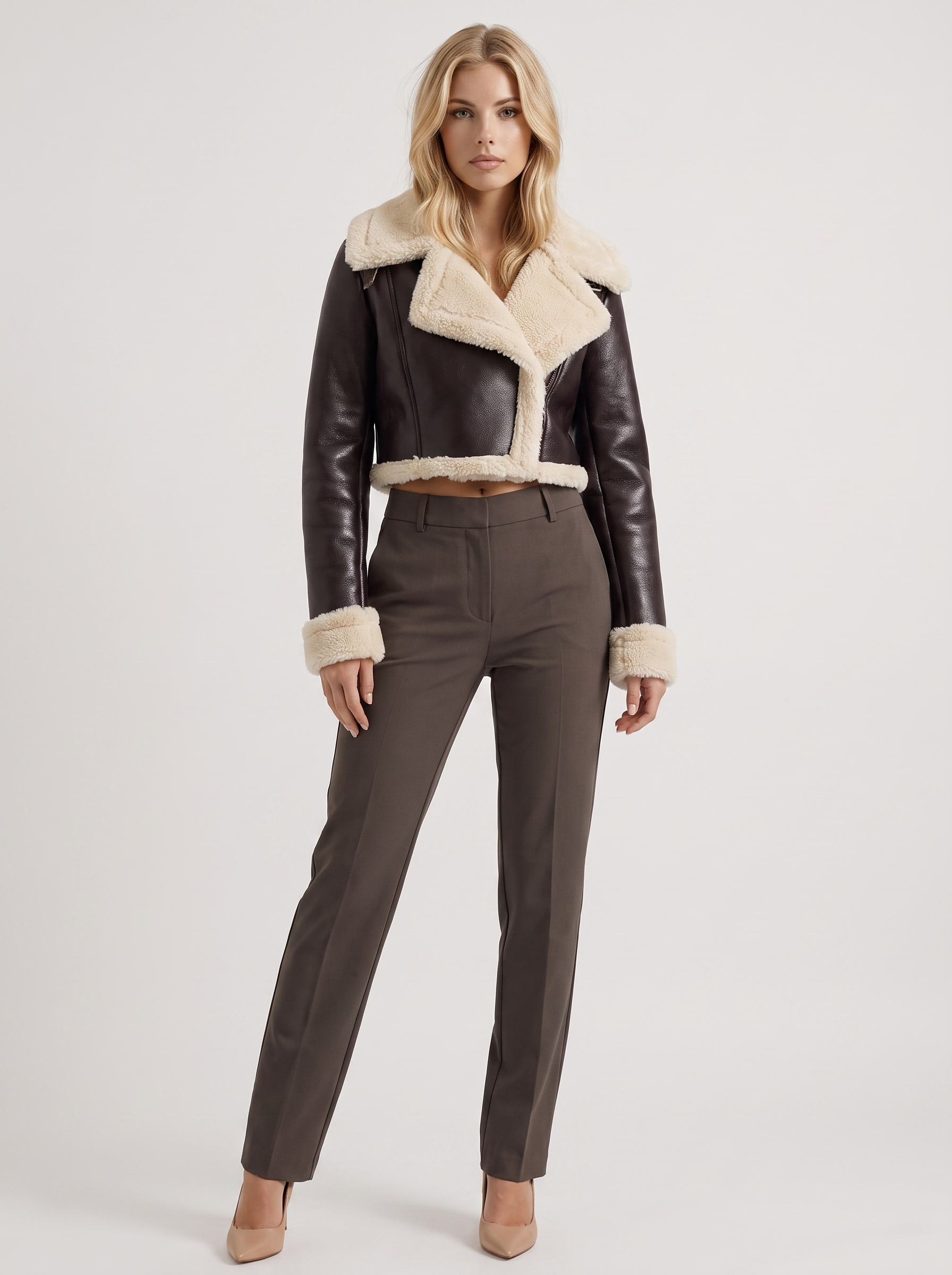 Women's brown aviator jacket with fleece collar and cropped length