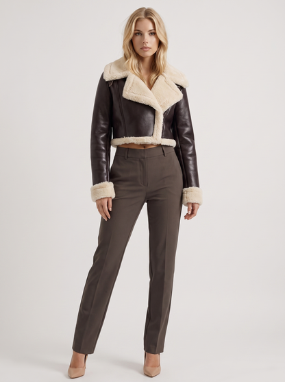 Women's brown aviator jacket with fleece collar and cropped length