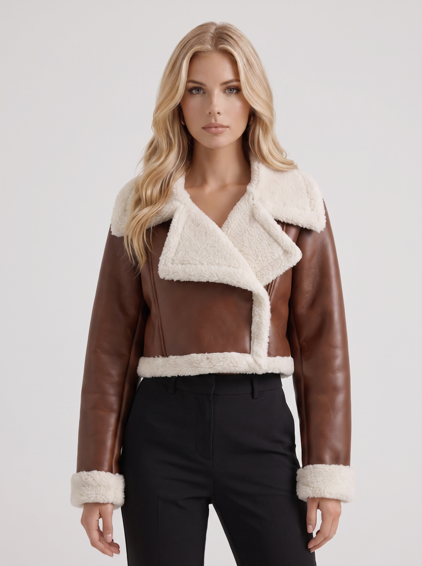 Women's light brown aviator jacket with fleece collar and cropped length