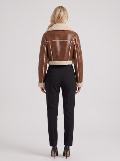 Women's light brown aviator jacket with fleece collar and cropped length