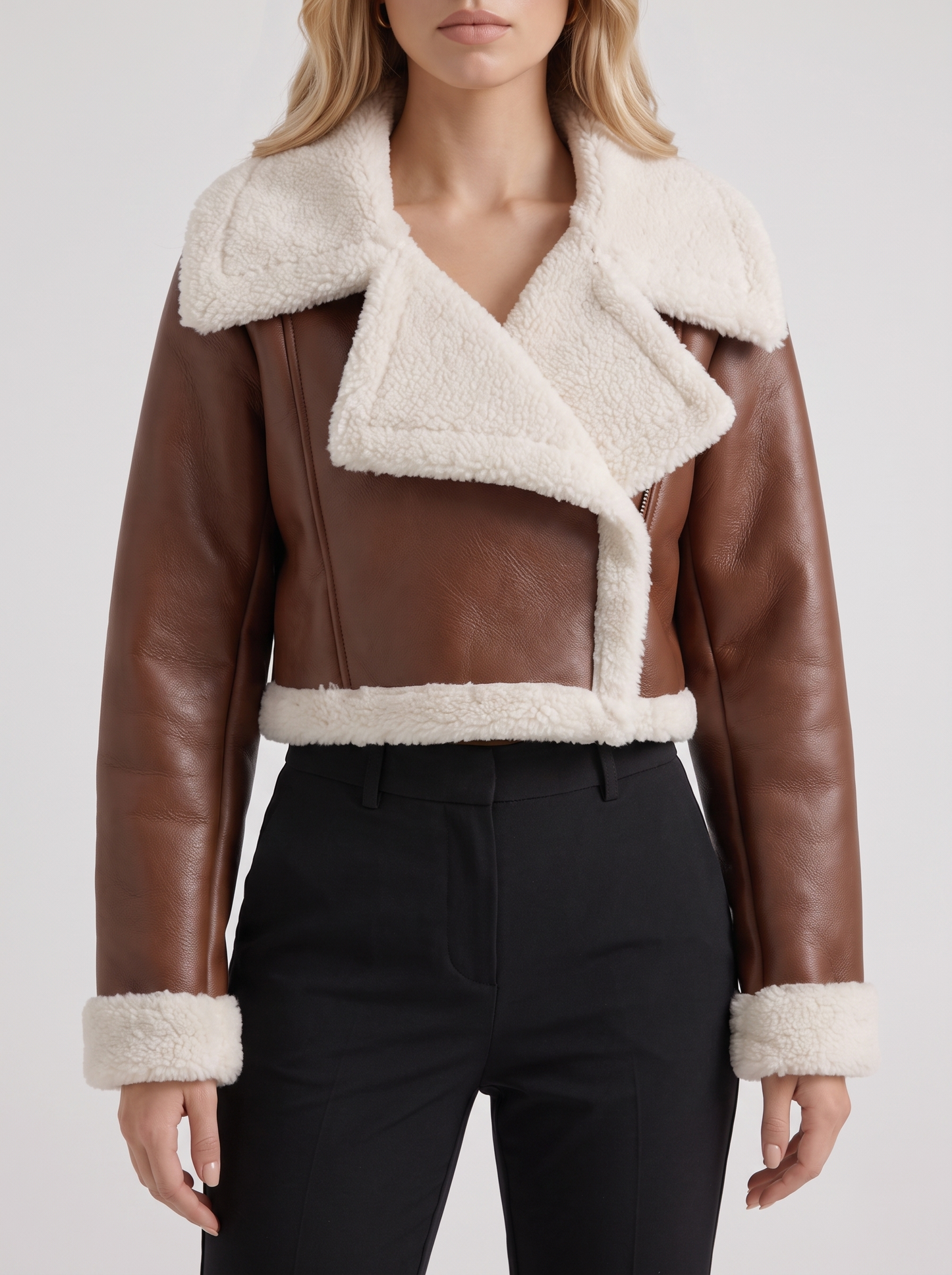 Women's light brown aviator jacket with fleece collar and cropped length