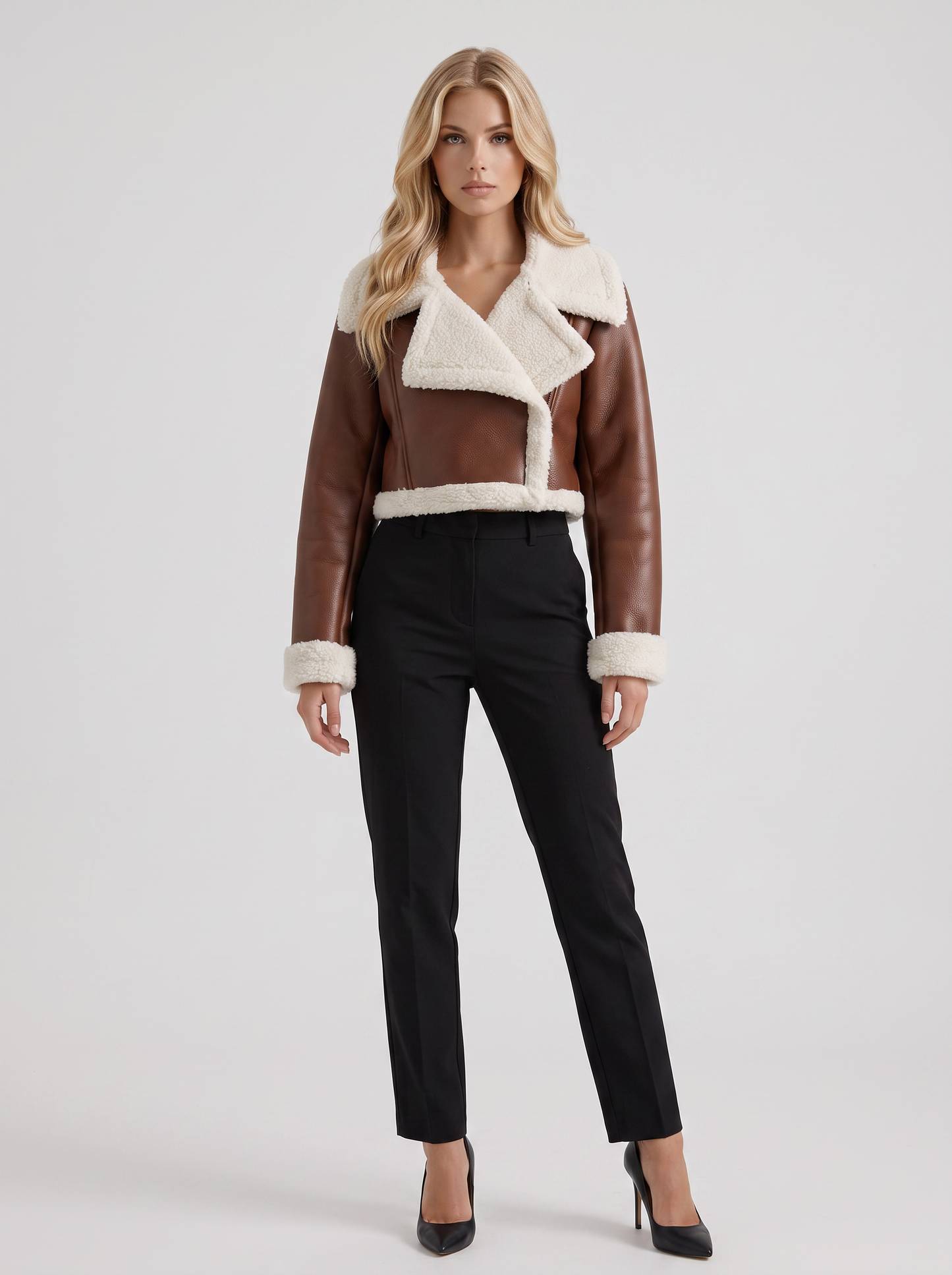 Women's light brown aviator jacket with fleece collar and cropped length