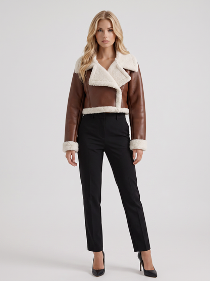 Women's light brown aviator jacket with fleece collar and cropped length