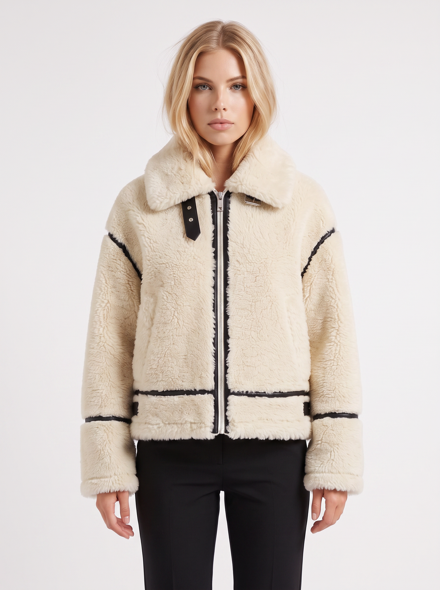 Women's white aviator jacket with fleece collar and cropped length