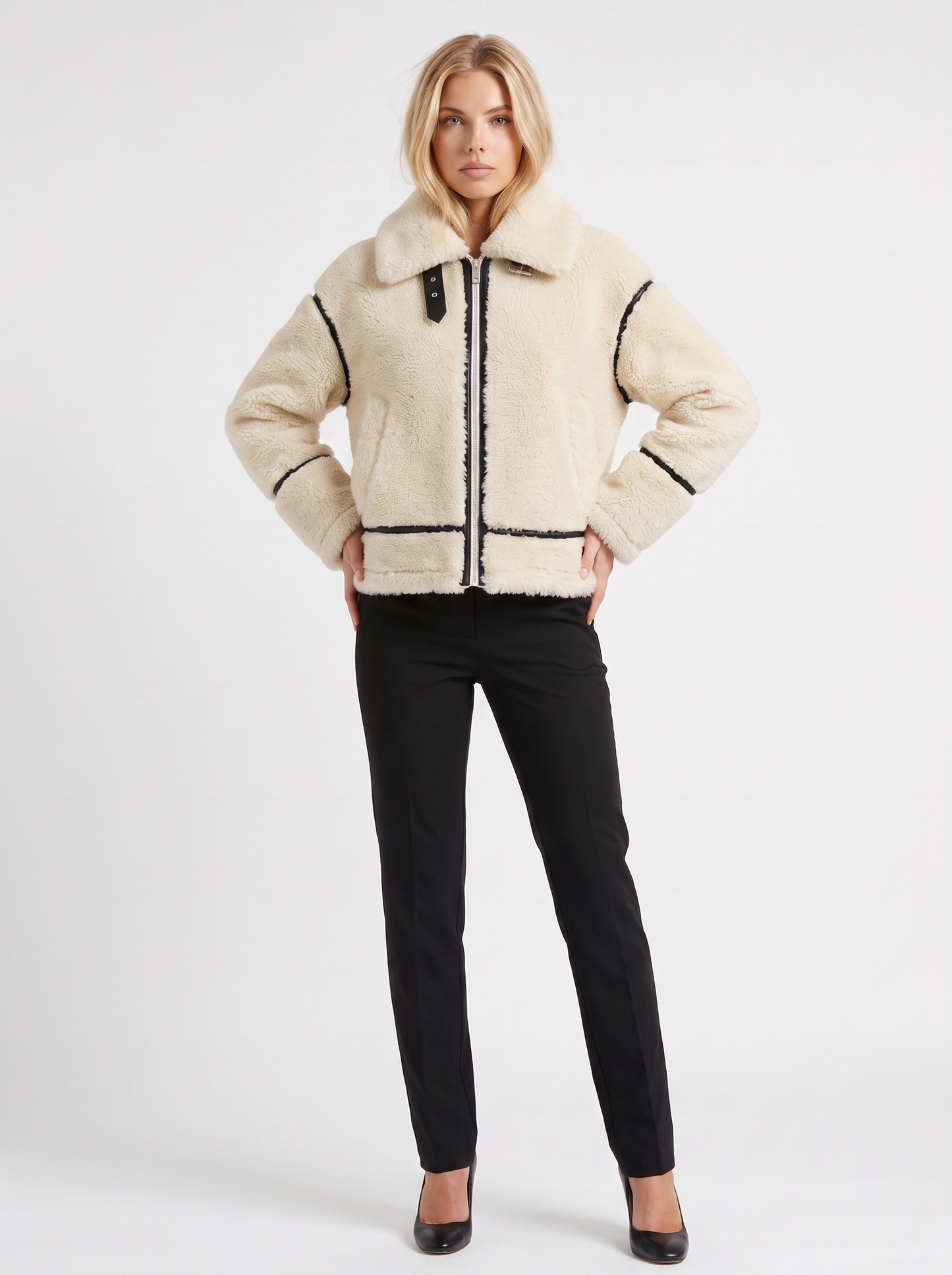 Women's white aviator jacket with fleece collar and cropped length