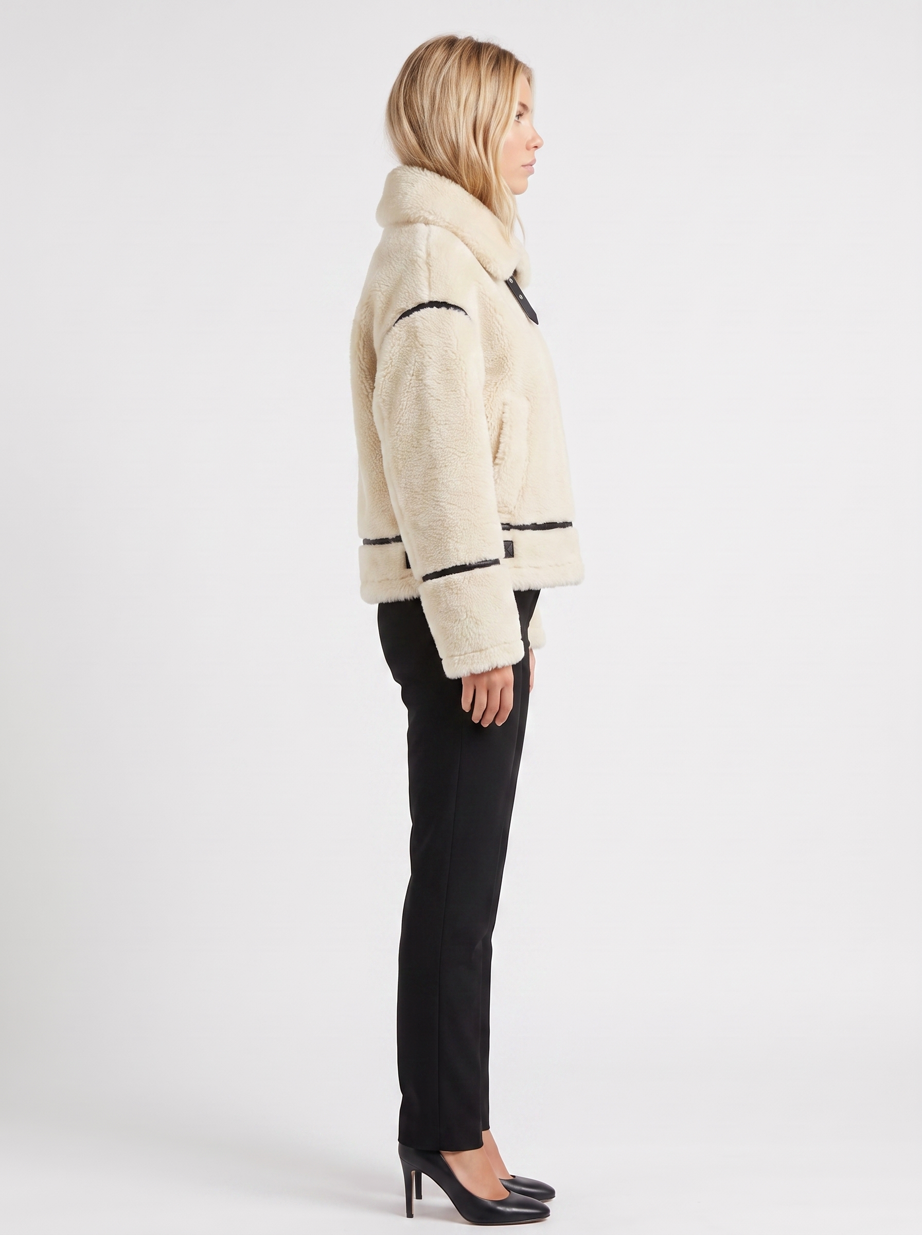 Women's white aviator jacket with fleece collar and cropped length