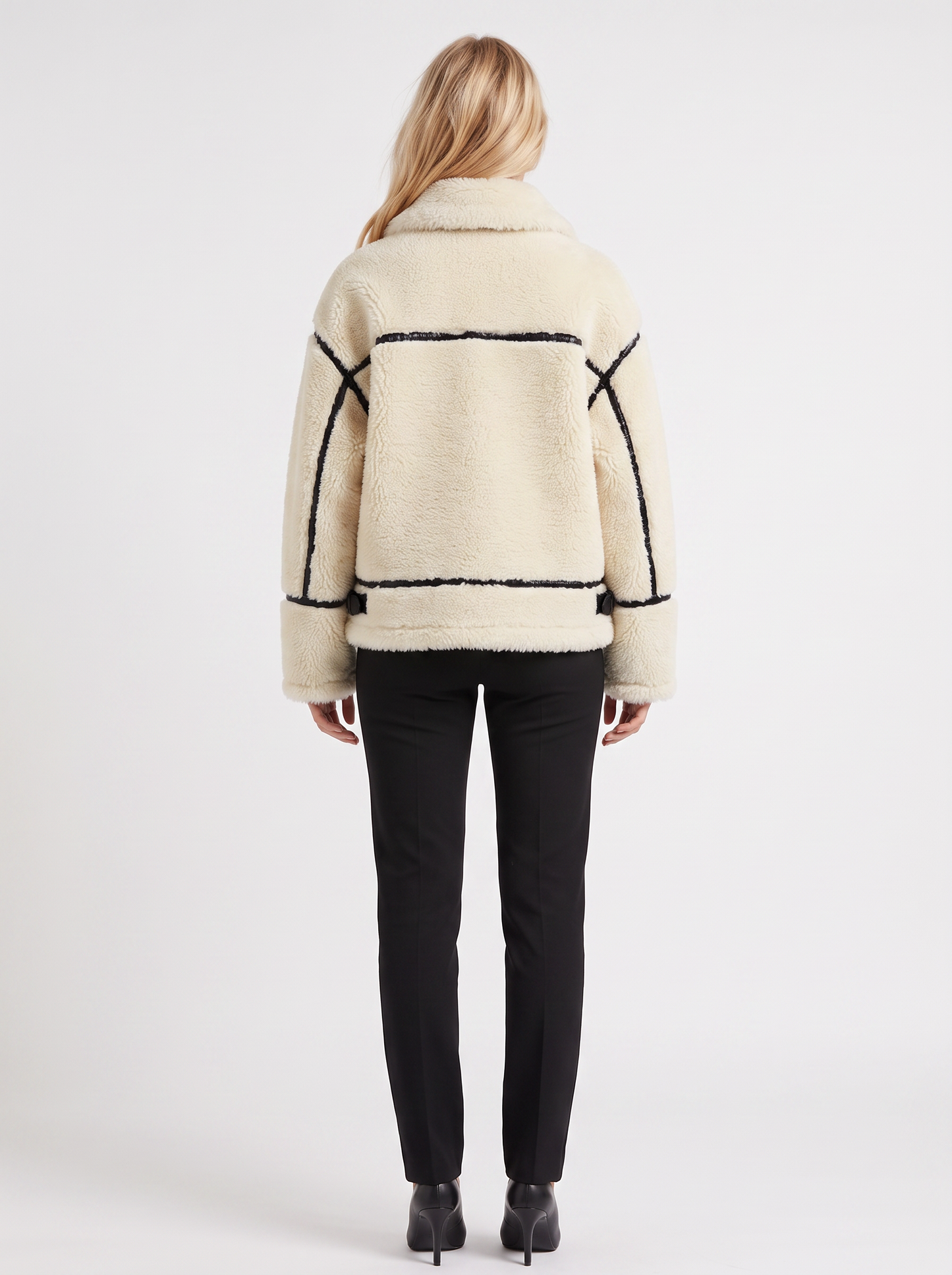 Women's white aviator jacket with fleece collar and cropped length