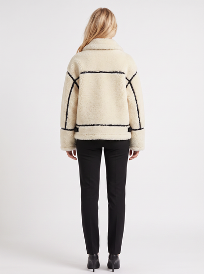 Women's white aviator jacket with fleece collar and cropped length