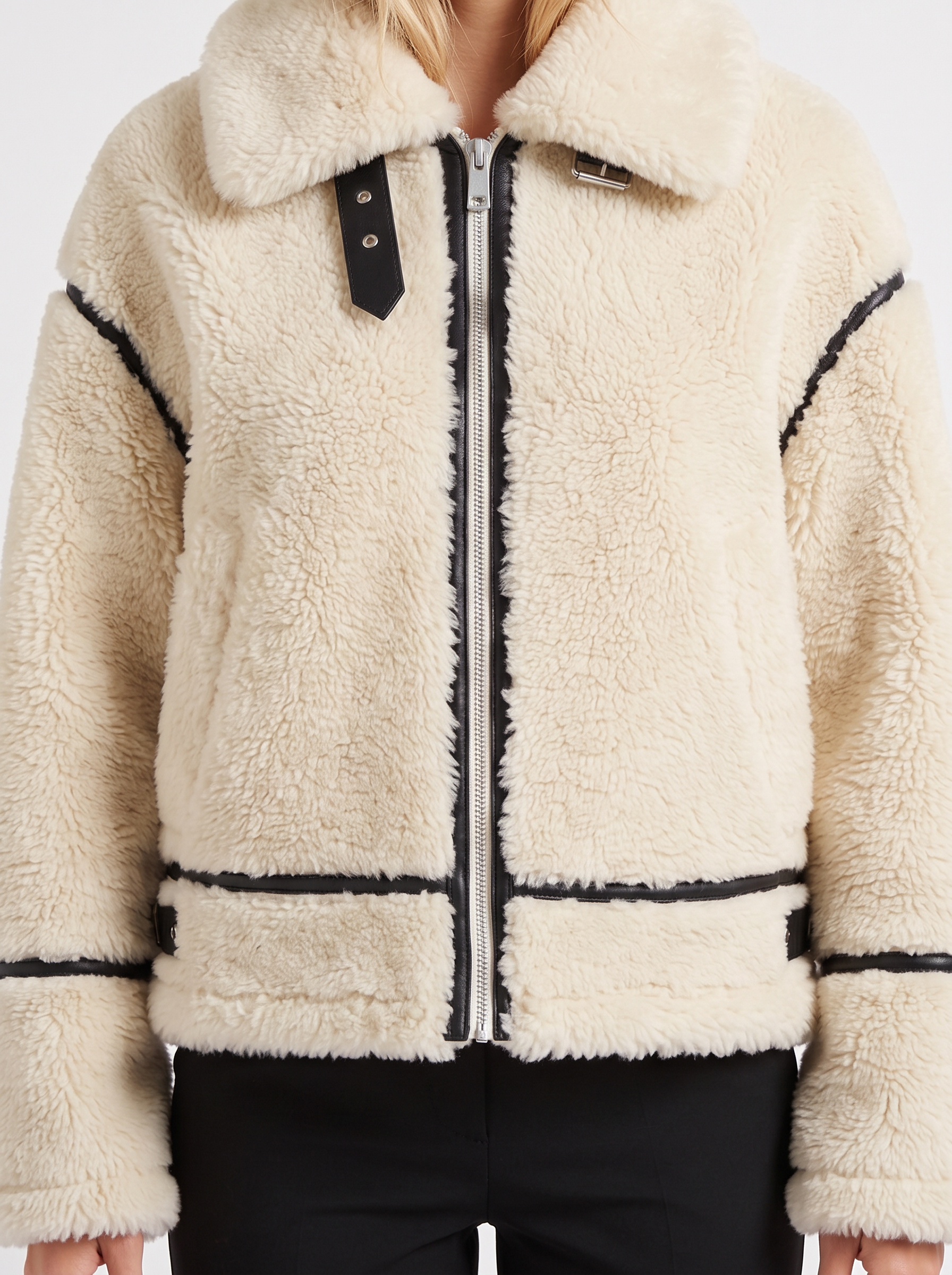 Women's white aviator jacket with fleece collar and cropped length
