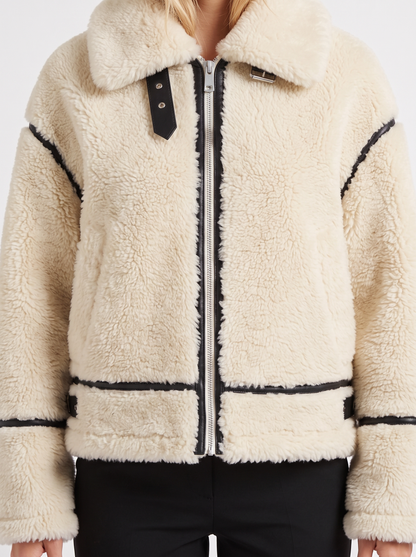 Women's white aviator jacket with fleece collar and cropped length