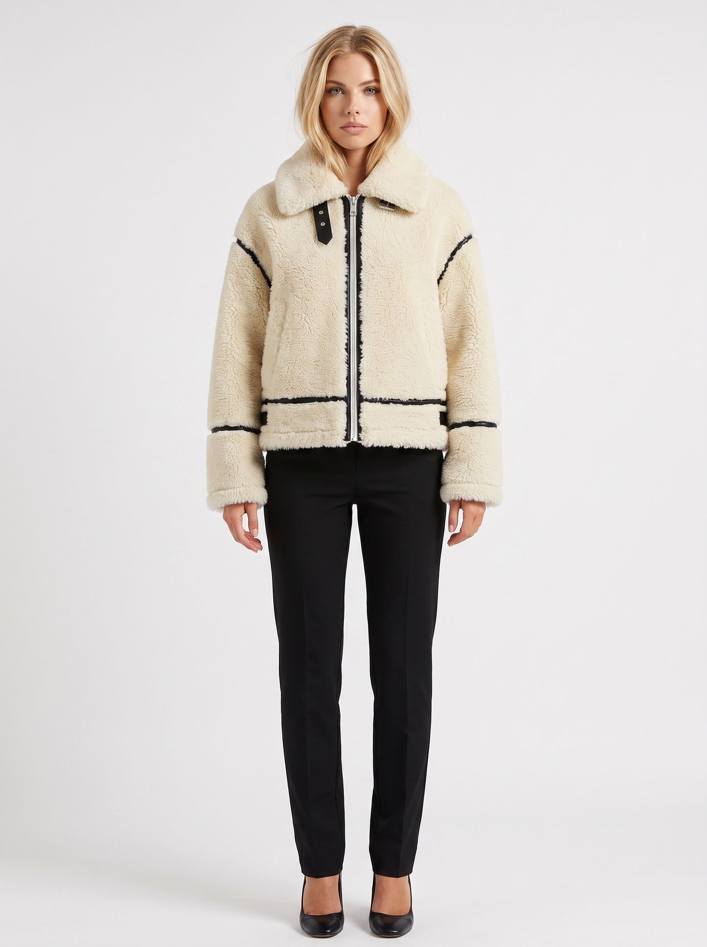Women's white aviator jacket with fleece collar and cropped length