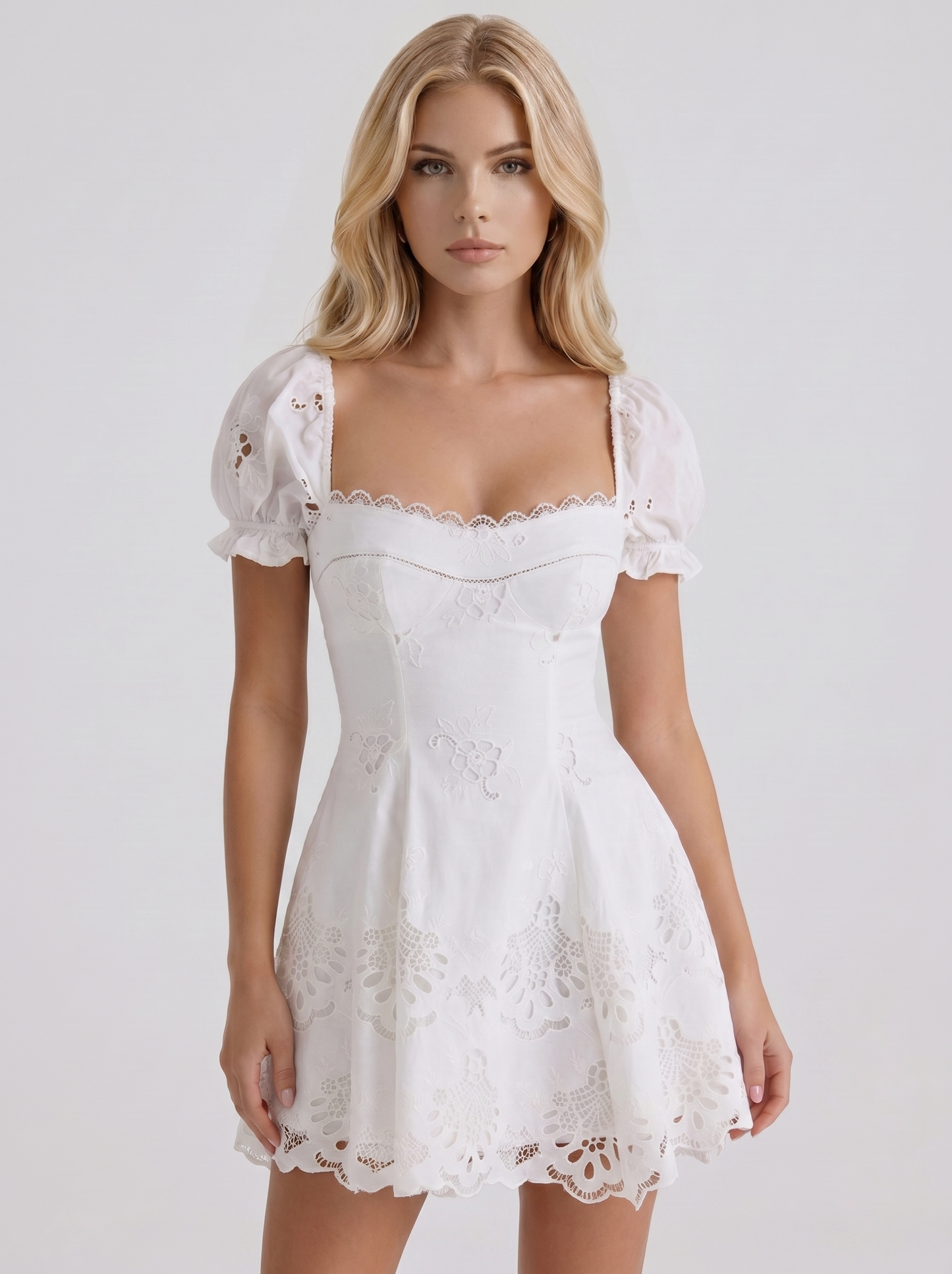 Women white broderie anglaise puff sleeve square neck A line mini dress, front cropped view