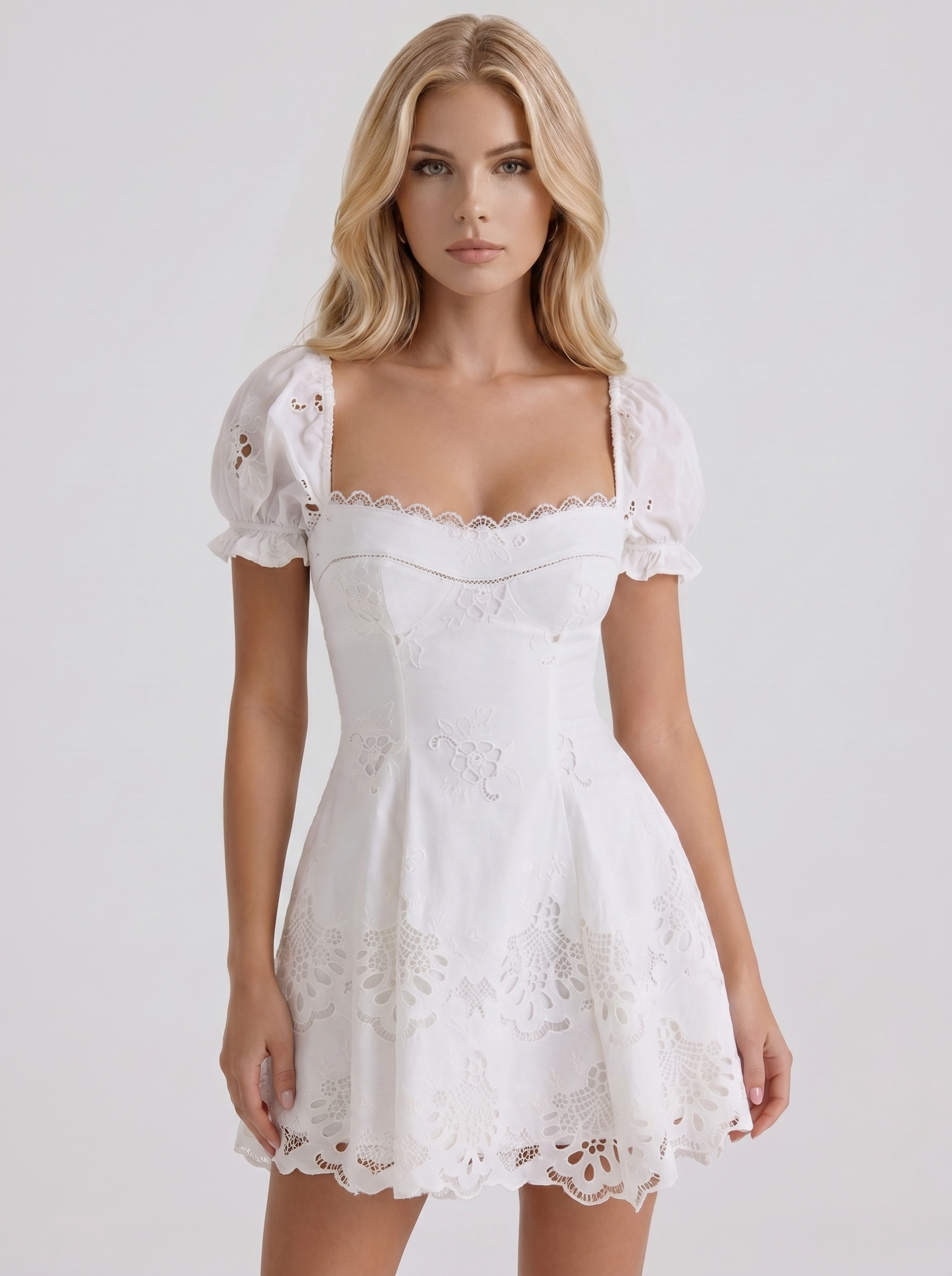 Women white broderie anglaise puff sleeve square neck A line mini dress, front cropped view
