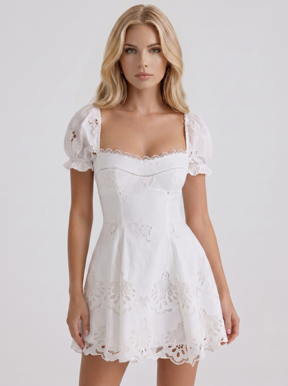 Women white broderie anglaise puff sleeve square neck A line mini dress, front cropped view