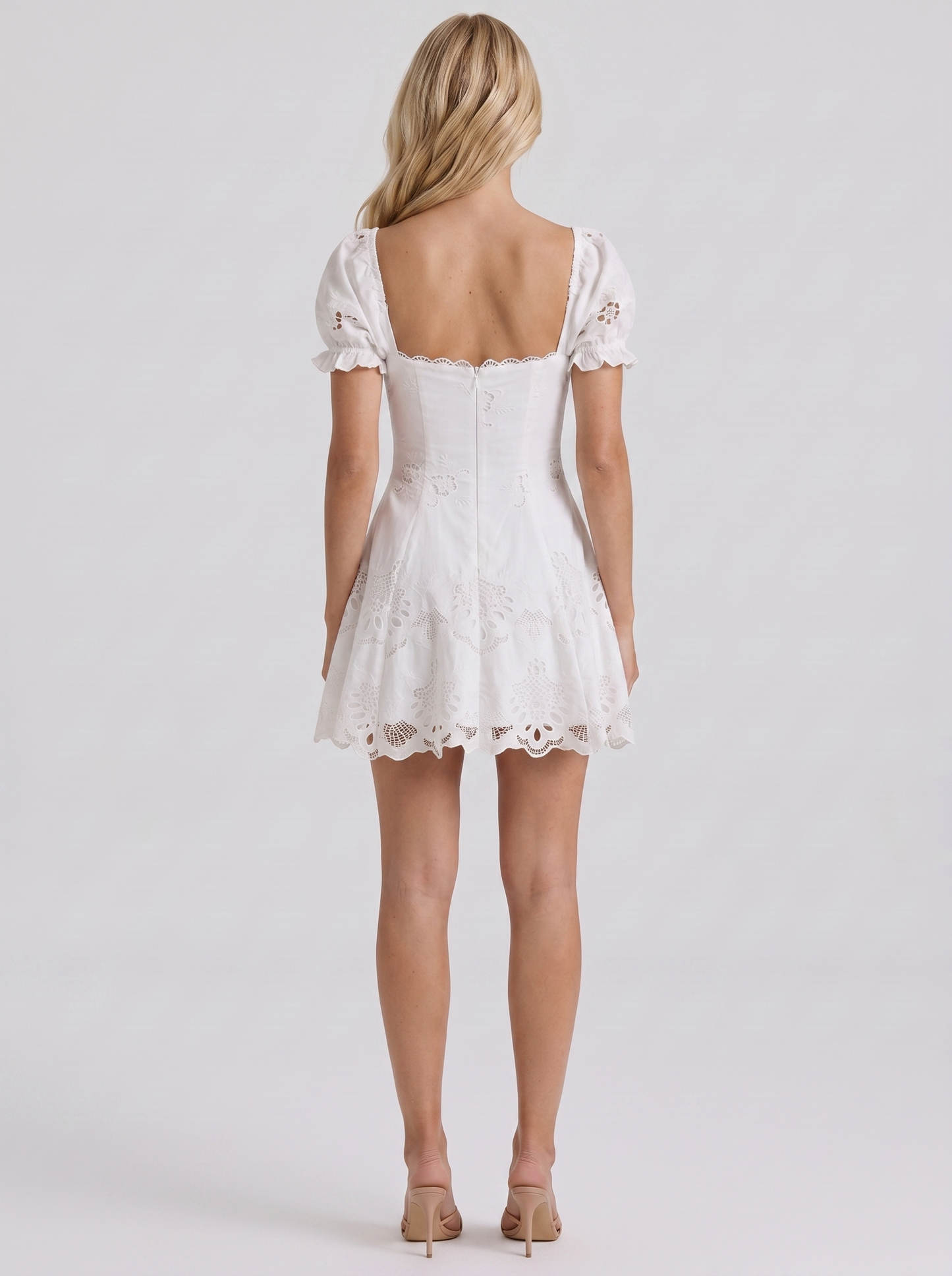 Women white broderie anglaise puff sleeve square neck A line mini dress, back view