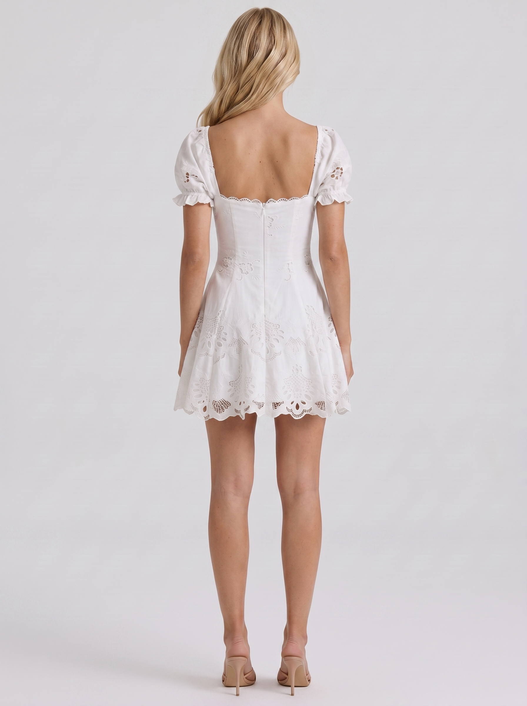 Women white broderie anglaise puff sleeve square neck A line mini dress, back view