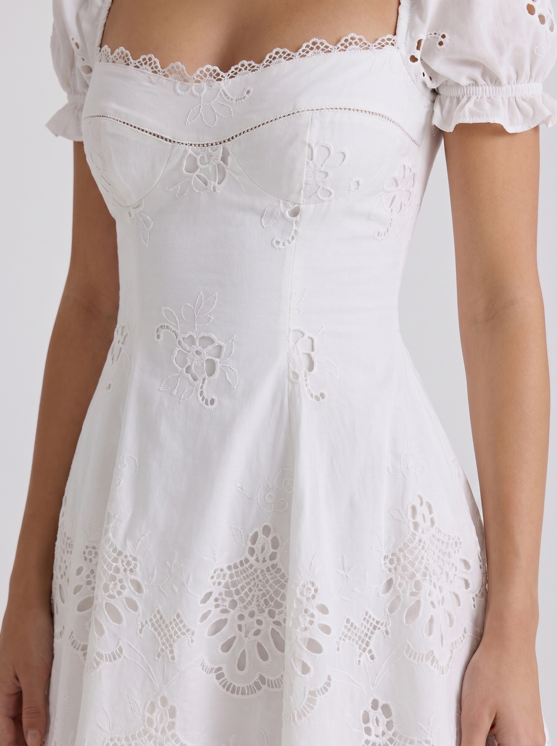Women white broderie anglaise puff sleeve square neck A line mini dress, detail view
