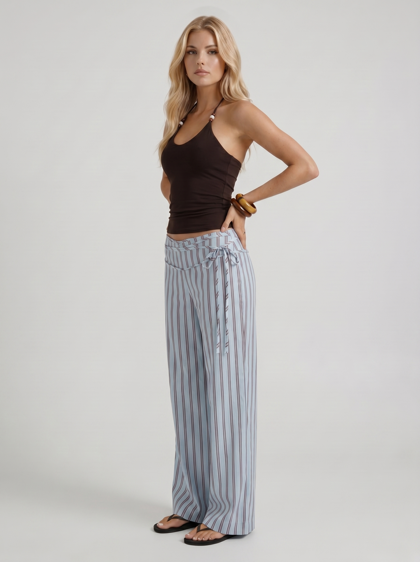 Women blue maroon stripe high waist tie waist wide leg linen pants, 45 angle view